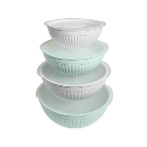 Nordic Ware 8 piece seaglass and white bowl set including 7 quart, 5 quart, 3.5 quart and 2 quart bowls with lids