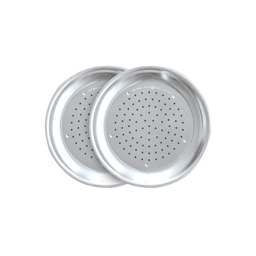 Round aluminum pizza crisper pan with perforated bottom, natural silver finish, showing airflow holes for crispy crusts