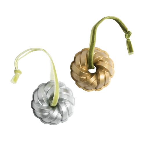 Braided Ornaments Silver and Gold - stunning ornaments with intricate design and craftsmanship placed on a white background.