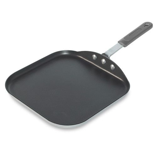 11" Square Griddle, flat interior, metal handle with silicone removable grip