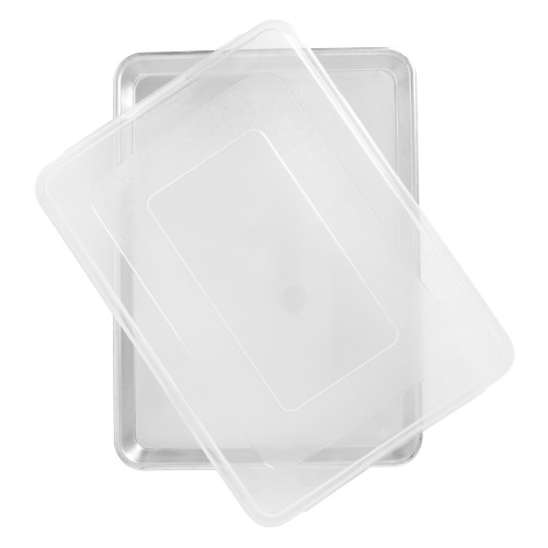 Nordic Ware aluminum half sheet baking pan with clear plastic storage lid, natural silver finish