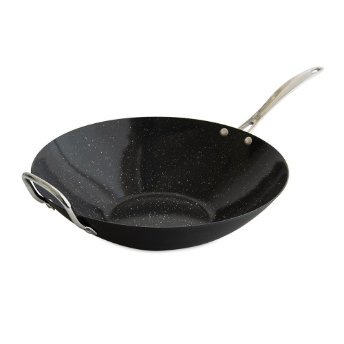 Nordic Ware 14-inch aluminum wok with speckled dark ceramic nonstick coating, deep curved sides