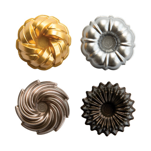 Set of four decorative bundt-shaped magnets in gold, bronze, silver, and toffee finishes with detailed fluted designs