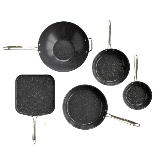 Group product image Basalt 5 piece ceramic cookware set, Ceramic Wok, Ceramic nontick griddle, Ceramic non stick 12" skillet, Ceramic nonstick 10" Skillet, and Ceramic 8" skillet