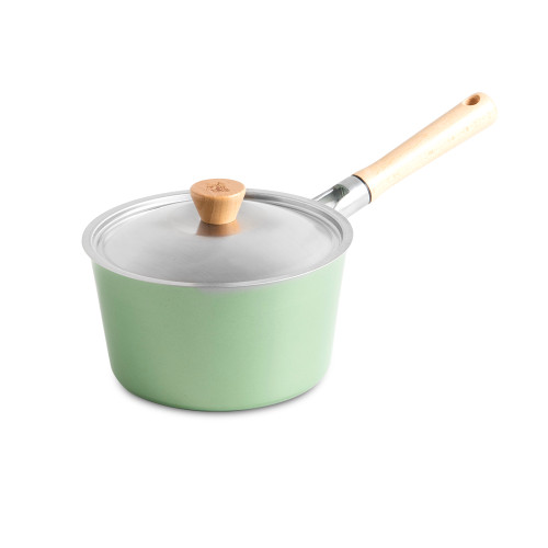 Nordic Ware Cardamom 3-quart aluminum saucepan with matching lid, non-stick coating, angled view on white background