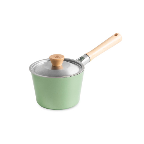 Nordic Ware Cardamom 1.5-quart aluminum saucepan with matching lid, cream white exterior finish