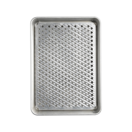 Nordic Ware aluminum high-sided half sheet pan with wire cooling rack, natural silver finish, overhead view