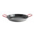 aluminum paella pan with two red side handles, wide shallow circular design, natural silver finish