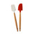 Two silicone spatulas - white spoonula and red classic spatula with wooden handles on white background