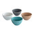 Four white ceramic mini prep bowls with measurement markings and pour spouts, arranged separately on white background