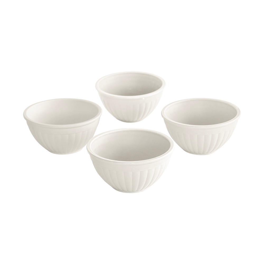  Four white mini bowls arranged separately on white background
