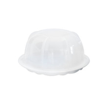 translucent colored plastic bundt cake keeper with domed lid and white base
