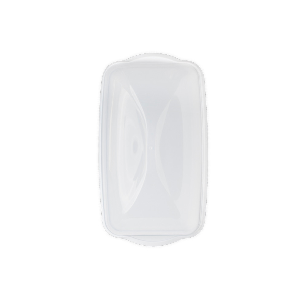 rectangular loaf cake keeper in white color with clear lid, plastic storage container, overhead