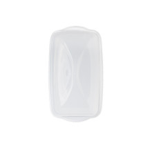 rectangular loaf cake keeper in white color with clear lid, plastic storage container, overhead