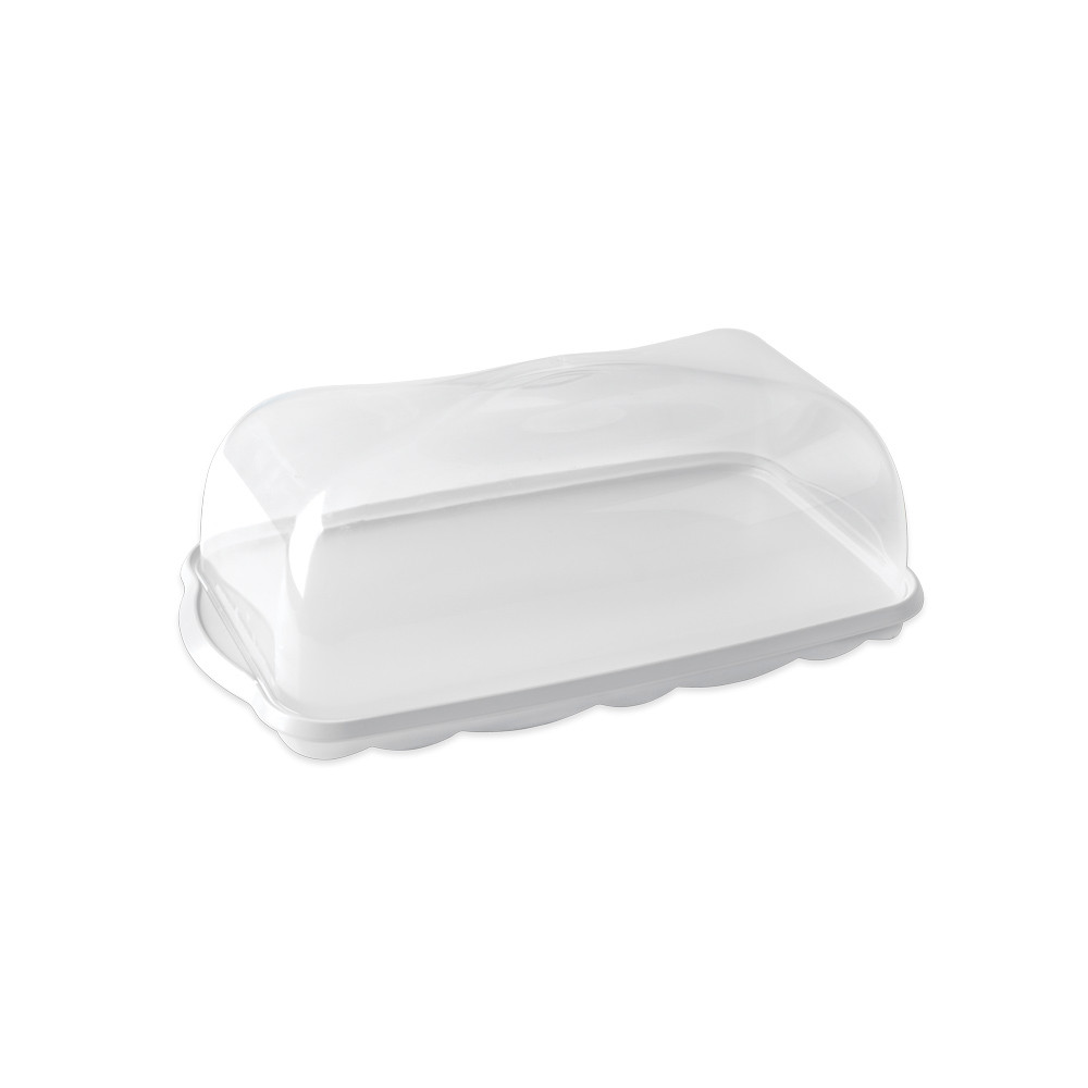rectangular loaf cake keeper in white color with clear lid, plastic storage container