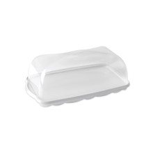 rectangular loaf cake keeper in white color with clear lid, plastic storage container