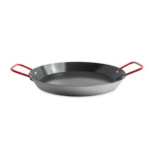 aluminum paella pan with two red side handles, wide shallow circular design, natural silver finish