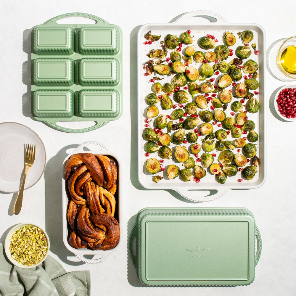 group image of cardamom bakeware including loaf pan, large baking sheet, rectangular baker, and mini loaf pan