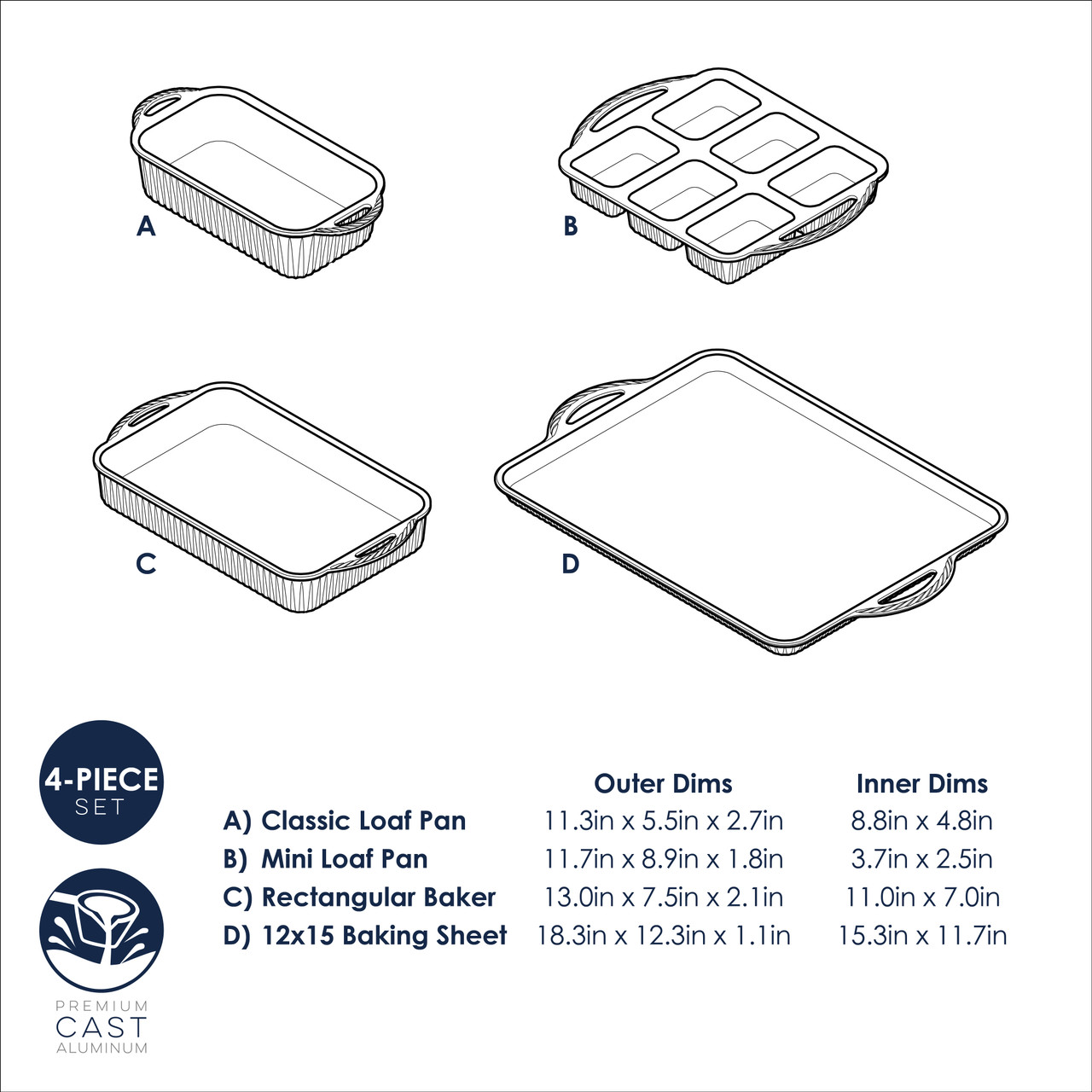 technical drawing showing measurements for cardamom 4 piece bakeware set