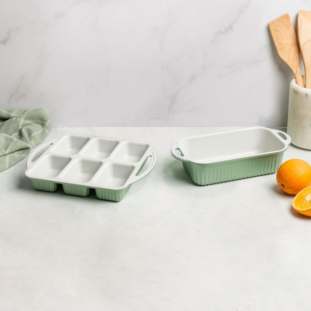 cardamom bakeware loaf and mini loaf pans displayed on countertop