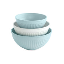 3 piece prep and serve mixing bowl set nested into each other on a white background