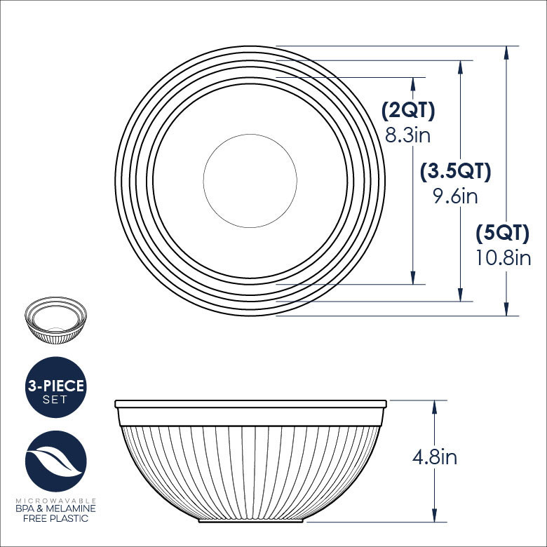 3 piece prep and serve mixing bowl set dimensional drawing