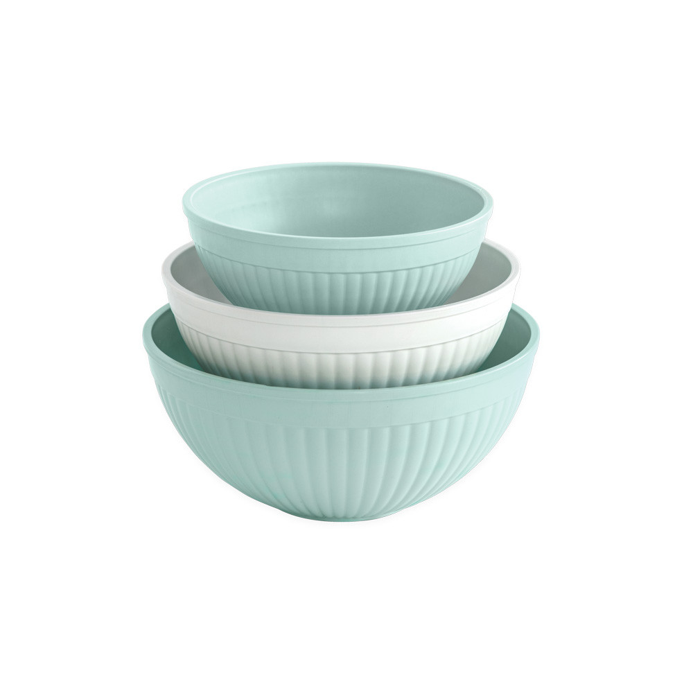 Nordic Ware 3 piece seaglass and white 5 quart, 3.5 quart and 2 quart bowls on white background