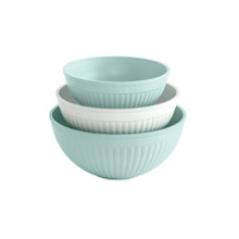 Nordic Ware 3 piece seaglass and white 5 quart, 3.5 quart and 2 quart bowls on white background