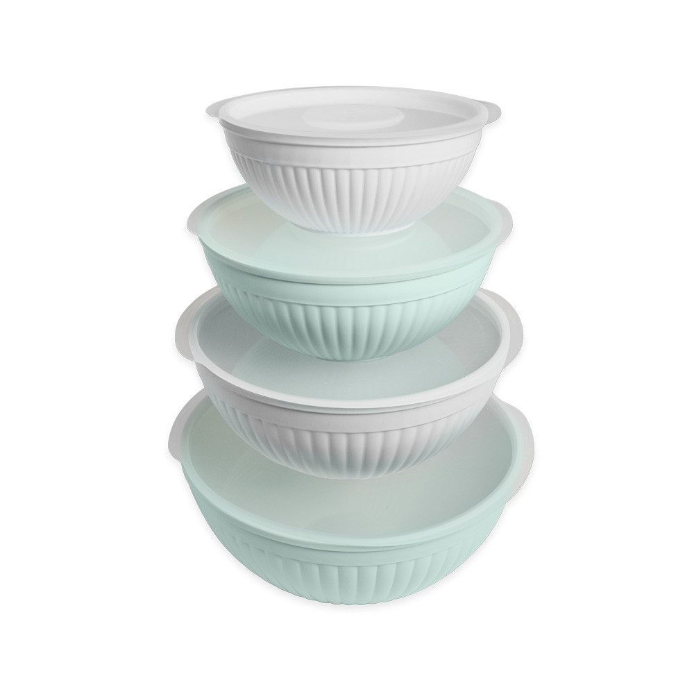 Nordic Ware 8 piece seaglass and white bowl set including 7 quart, 5 quart, 3.5 quart and 2 quart bowls with lids