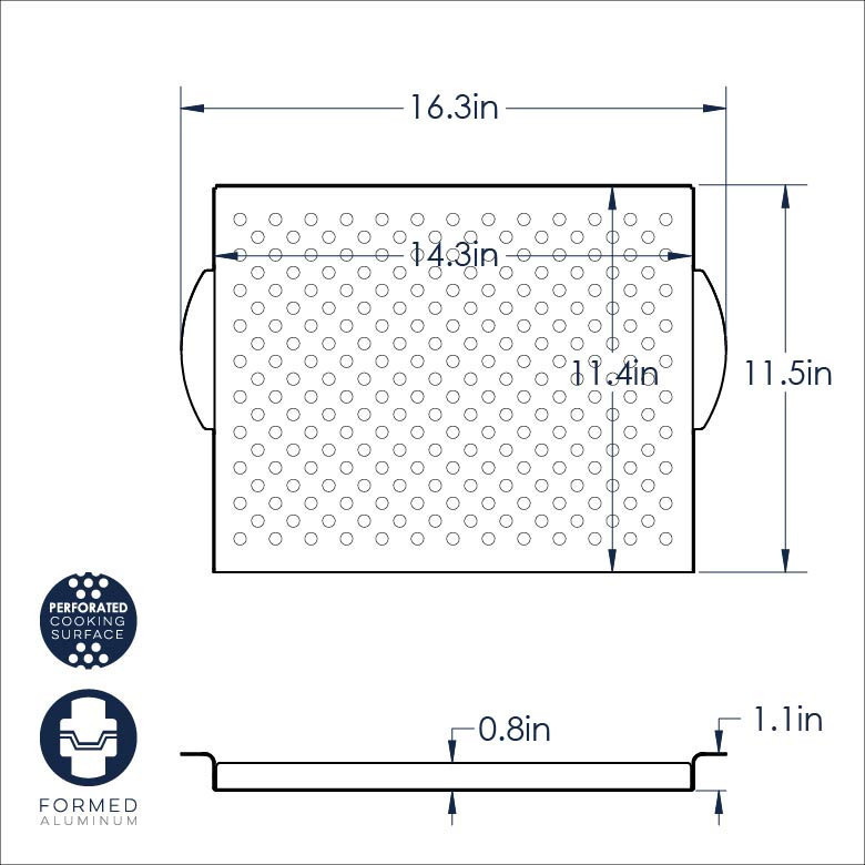 Nordic Ware aluminum perforated grill topper with dimensional measurements and technical specifications