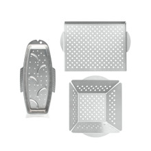 overhead of nordic ware seafood griller, grill topper, and grill basket on white background