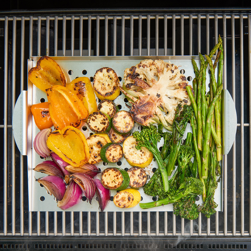 nordic ware grill topper on grill top with assorted veggies