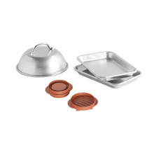 burger starter kit including cheese melting dome, 2 burger trays, and stuffed burger press on white background