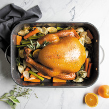 cooked turkey and veggies staged inside Nordic Ware Verde Grand Roaster with speckled nonstick interior and stainless steel handles