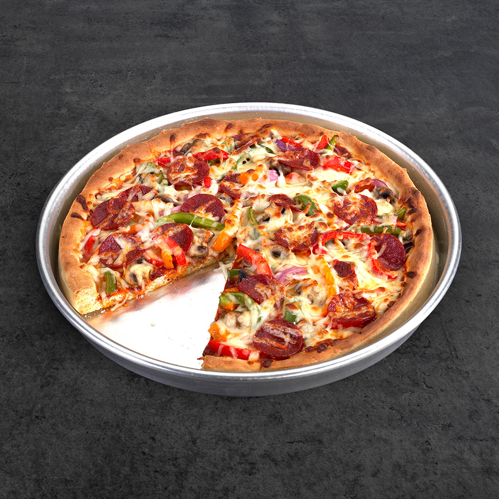 nordic ware deep dish pizza pan with cut pizza 