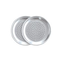 Round aluminum pizza crisper pans with perforated bottom, natural silver finish, showing airflow holes for crispy crusts