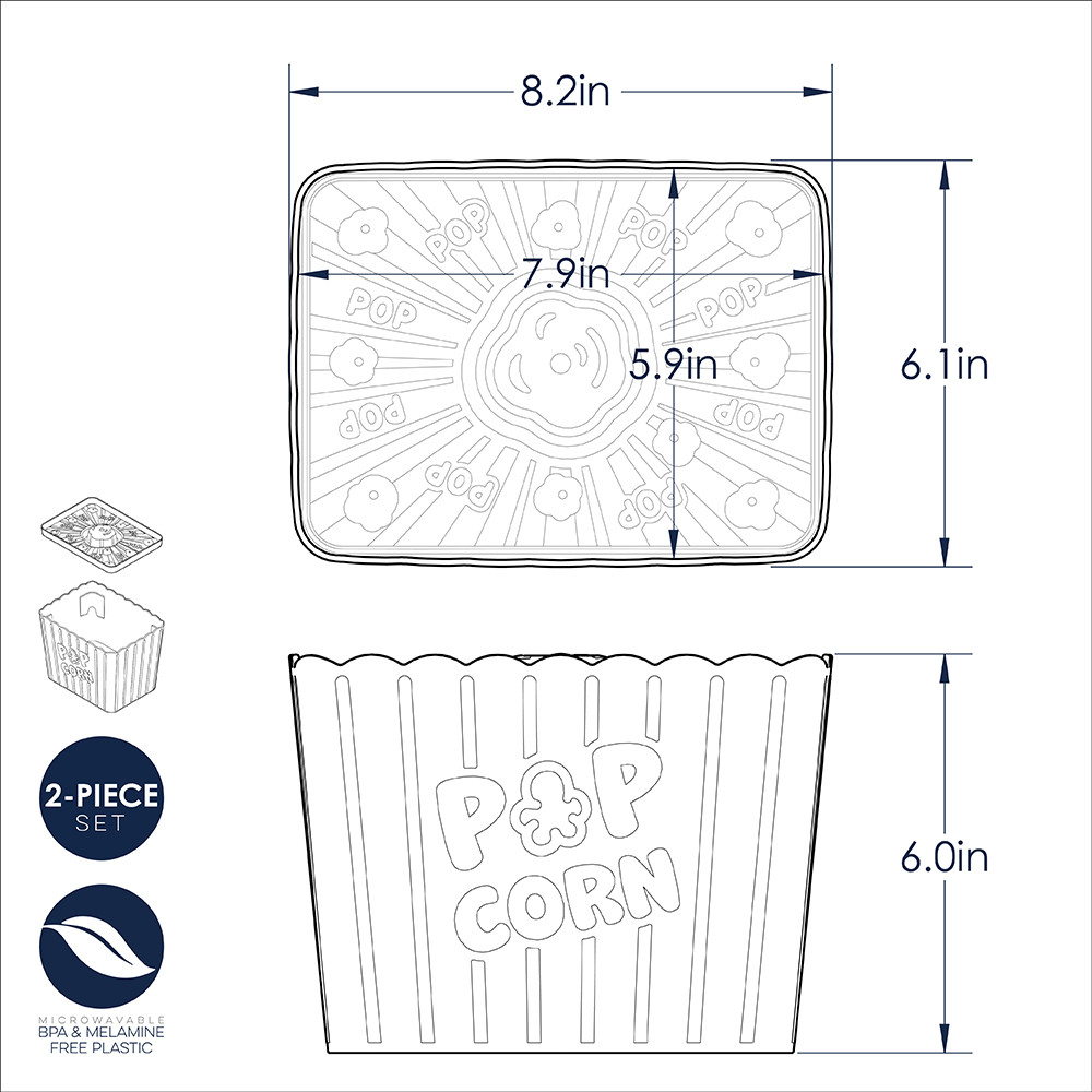 Nordic Ware Movie Night Popcorn Popper with translucent lid technical drawing with measurements