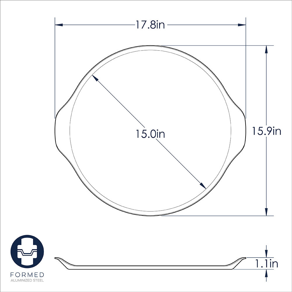 nordic ware pizza & baking steel pan technical drawing with measurements
