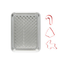Nordic Ware aluminum quarter sheet baking pan with multi rack and holiday themed cookie cutters