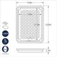 Technical drawing showing dimensions of Nordic Ware aluminum quarter sheet pan with multi rack measurements