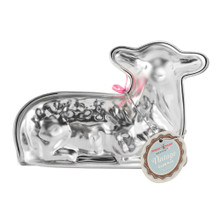 Nordic Ware aluminum 3D lamb cake pan, two-piece mold with detailed lamb shape, silver finish