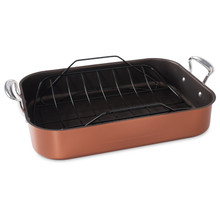 Nordic Ware extra large copper-colored aluminum roasting pan with removable wire rack, rectangular shape