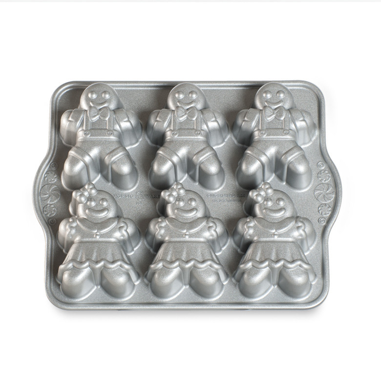 Nordic Ware aluminum gingerbread kids cakelet pan with six child-shaped cavities, natural silver finish
