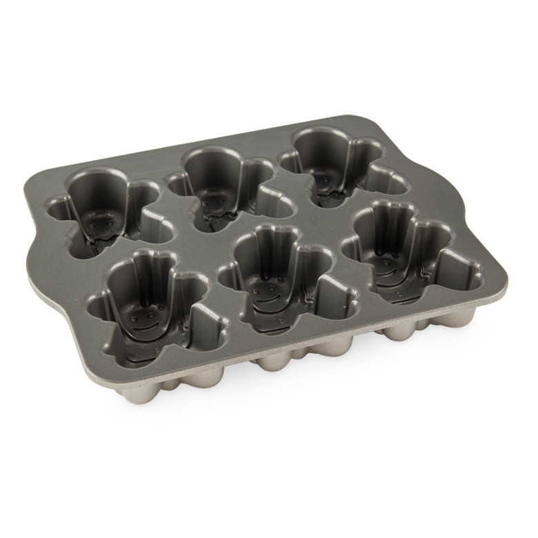 Nordic Ware aluminum gingerbread kids cakelet pan with 6 person-shaped cavities, gray nonstick interior