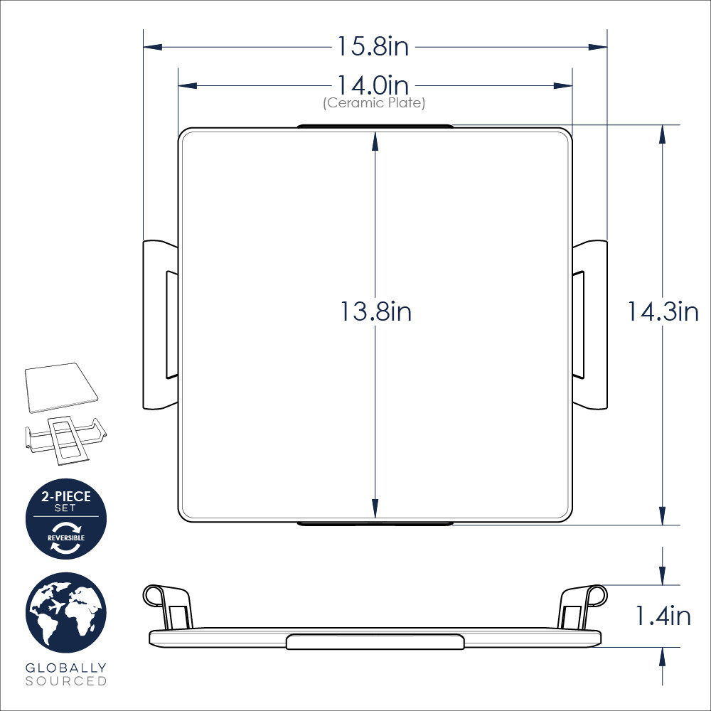 Nordic Ware square ceramic pizza stone with metal cooling rack, dimensional drawing showing measurements