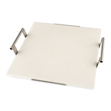 Nordic Ware square ceramic pizza stone with metal cooling rack, cream colored stone displayed at angle