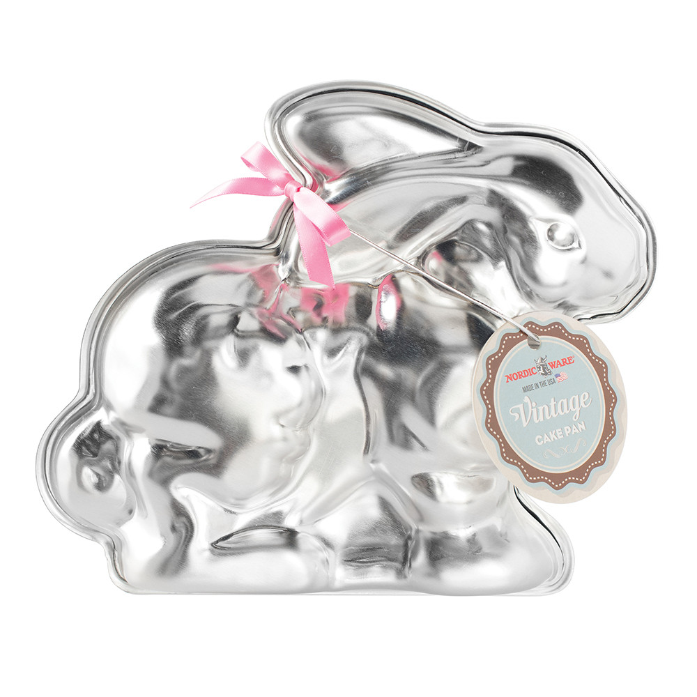 Nordic Ware aluminum 3D bunny cake pan, two-piece mold with detailed ears and features, silver finish