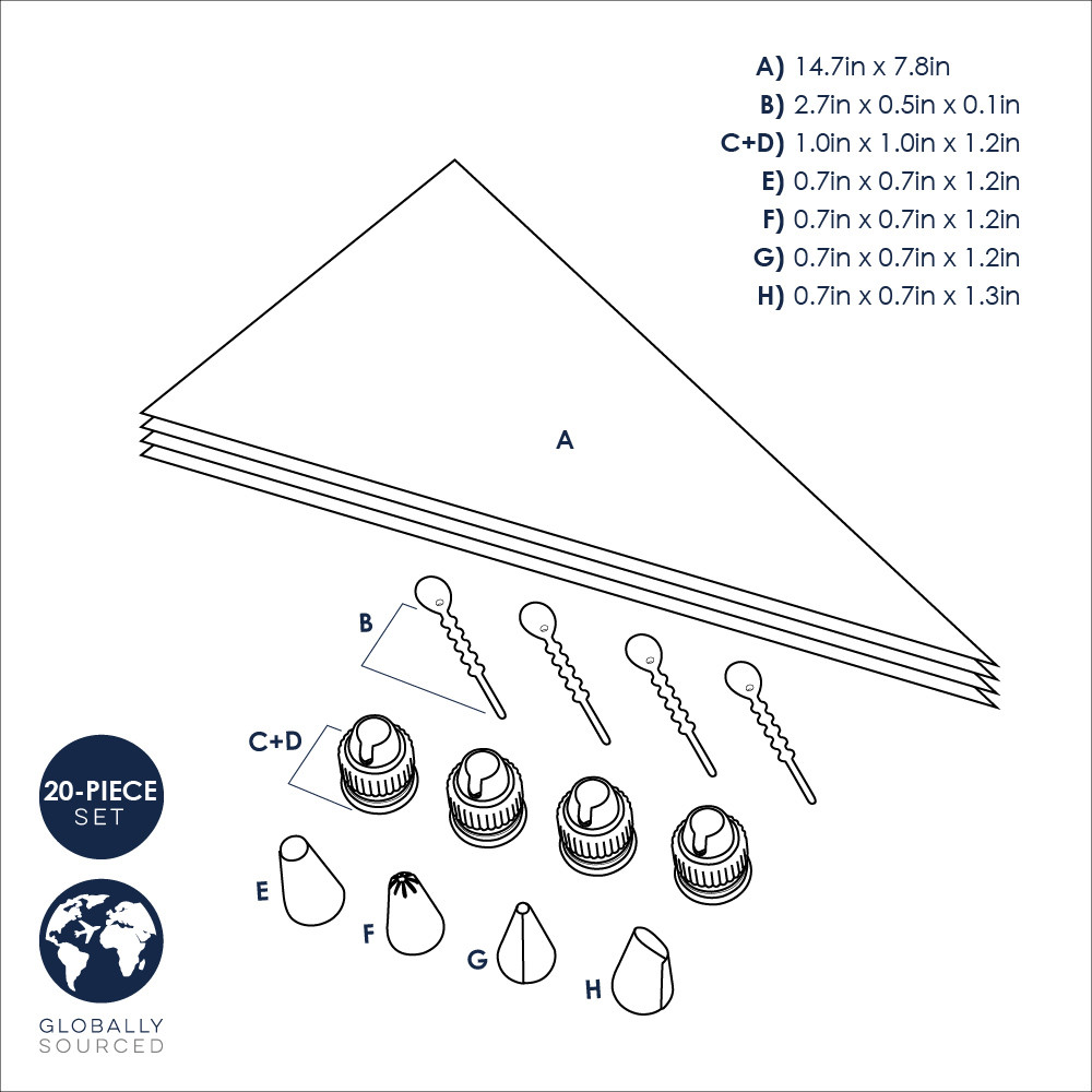 Nordic Ware 20-piece pastry decorating set with tips, couplers, and pastry bags arranged on white background