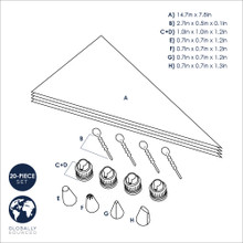 Nordic Ware 20-piece pastry decorating set with tips, couplers, and pastry bags arranged on white background