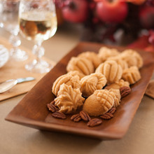 Nordic Ware aluminum autumn cakelet pan with six leaf-shaped cavities, natural silver finish